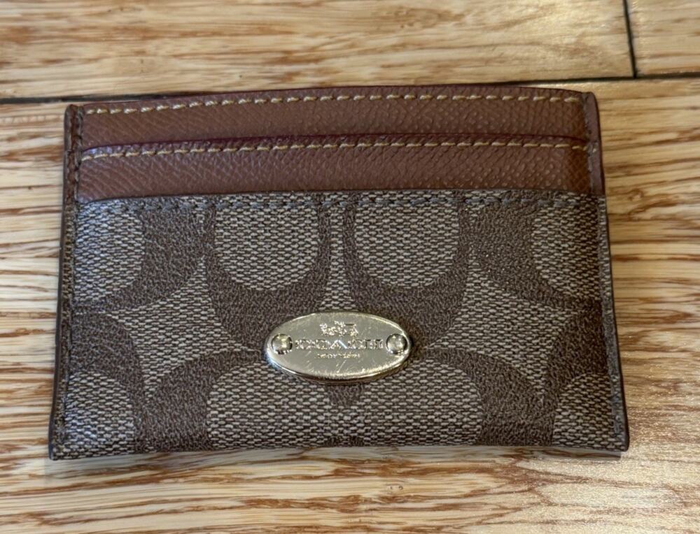 COACH Slim Id Card Case Signature Print Brown Leather 5 Pockets